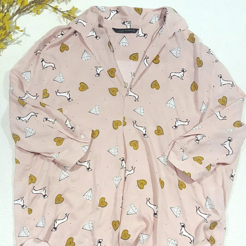 ZARA • pink dog heart print blouse top